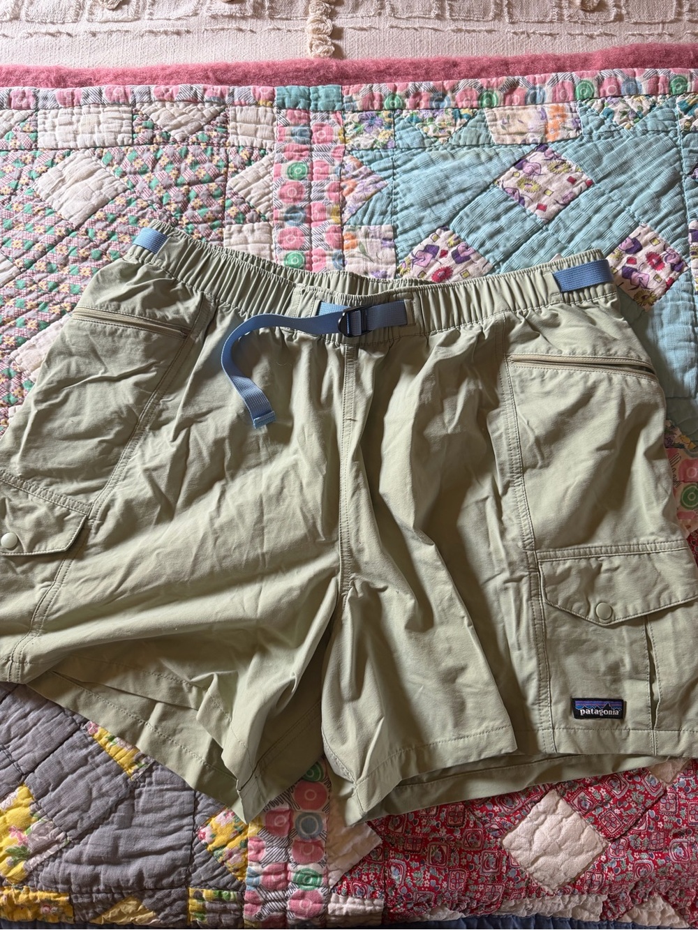 Patagonia Light Olive Women's Cargo Shorts with Blue Belt